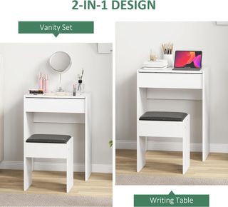 Estación de Maquillaje con Espejo Plegable, Tocador Moderno, con Taburete, Espacio de Almacenamiento con 10 Compartimentos, MDF Blanco, 60.2 X 40.2 X 79Cm