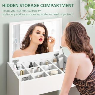 Estación de Maquillaje con Espejo Plegable, Tocador Moderno, con Taburete, Espacio de Almacenamiento con 10 Compartimentos, MDF Blanco, 60.2 X 40.2 X 79Cm