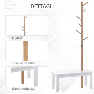 Banco Con Perchero De Entrada, Perchero De Pie En Bambú, Banco De Entrada Blanco, Diseño, También Para Dormitorio, 80X30X180Cm, Blanco Madera