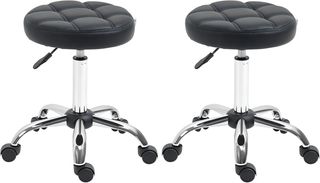 Juego de 2 Taburetes con Ruedas, Asiento Giratorio y Altura Regulable, Taburete para Esteticista y Peluquero Acolchado en Piel Sintética PU, Negro