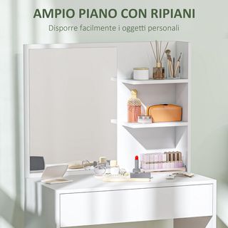 Toallero de Maquillaje Elegante Con Amplio Cajón de Almacenamiento, Estación de Maquillaje Con Espejo, 3 Estantes, Estación de Maquillaje para Dormitorio, Moderno, 75X40X137 Cm, Blanco