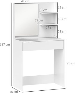 Toallero de Maquillaje Elegante Con Amplio Cajón de Almacenamiento, Estación de Maquillaje Con Espejo, 3 Estantes, Estación de Maquillaje para Dormitorio, Moderno, 75X40X137 Cm, Blanco
