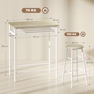 Conjunto de Barra con 2 Taburetes Altos de Madera Estilo Nórdico, Mesa Alta con Estante y Taburetes de Cocina con Reposapiés, Blanco