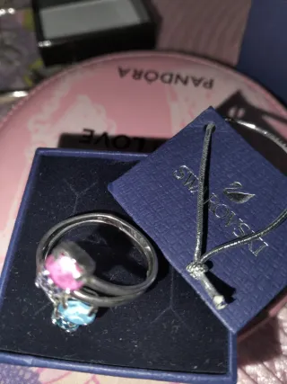 Anillo Swarovski Plata 2 Piedras Rosa y Topacio