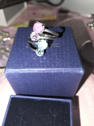 Anillo Swarovski Plata 2 Piedras Rosa y Topacio