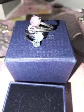Anillo Swarovski Plata 2 Piedras Rosa y Topacio