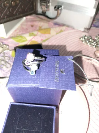 Anillo Swarovski Plata 2 Piedras Rosa y Topacio