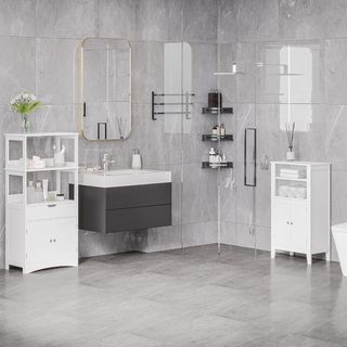 Mueble de Baño con Estantes Regulables y Armario de 2 Puertas, Mueble de Baño Multiusos de Madera, Blanco, 50X30X93Cm