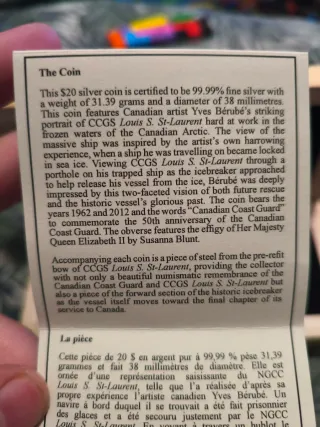 Moneda Plata Guardacostas Canadá 2012