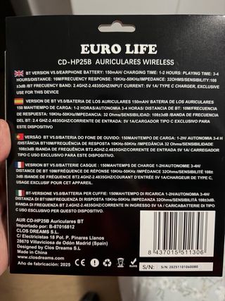 Auriculares Bluetooth EURO LIFE BT 5.0 Negros