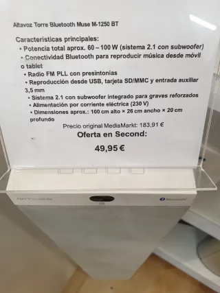 Altavoz Torre Bluetooth MUSE M-1250 BT Gris/Blanco