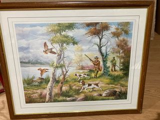 Cuadro de caza con perros y cazadores