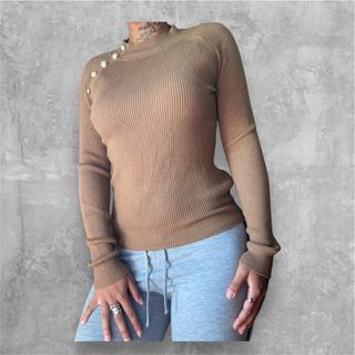 Jersey Ajustado Cuello Perkins Camel Vintage Look