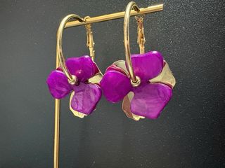 Pendientes Aro Flor Morada Acero Dorado