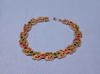 Pulsera Vintage dorada con cristales Rojas y Verde