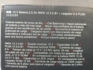 Batería 2.5 Ah y Cargador 6A PARKSIDE 12V