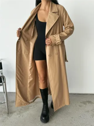 Gabardina larga beige mujer