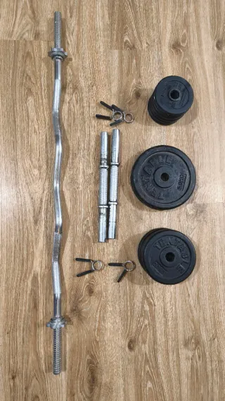 Barra Z, mancuernas y discos para pesas