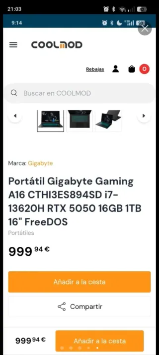 Portátil Gigabyte Gaming RTX 5050.