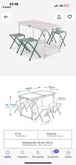 Mesa plegable camping con 4 taburetes
