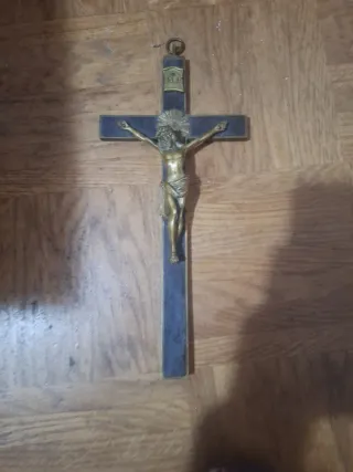 Crucifijo Bronce y Madera Antiguo