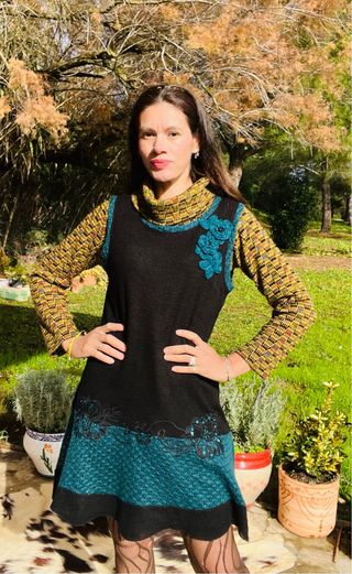 Vestido lana talla L40 negro y verde azulado