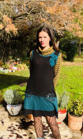 Vestido lana talla L40 negro y verde azulado