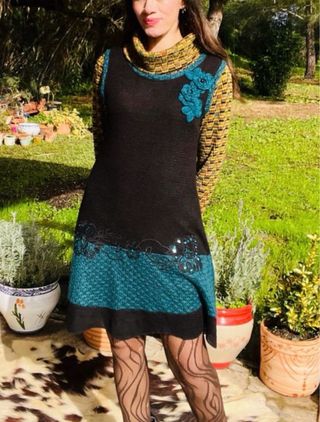 Vestido lana talla L40 negro y verde azulado