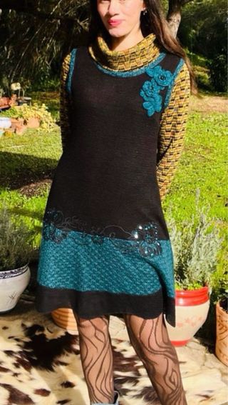 Vestido lana talla L40 negro y verde azulado