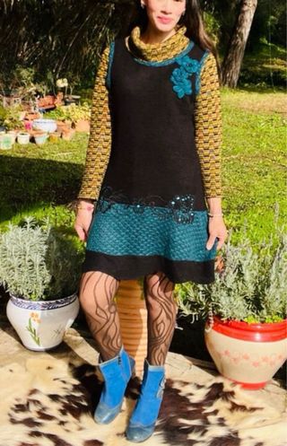 Vestido lana talla L40 negro y verde azulado
