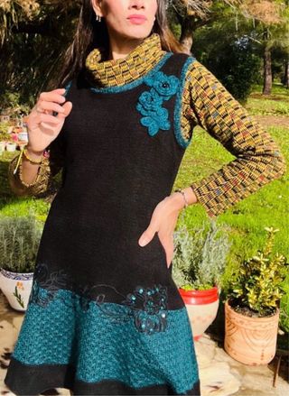 Vestido lana talla L40 negro y verde azulado