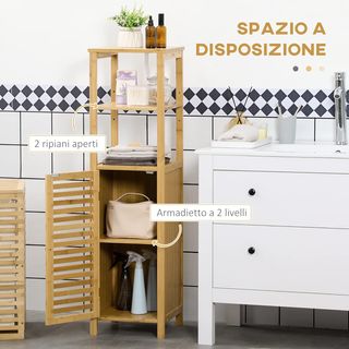 Armario de Baño en Bambú, Mueble de Baño con 2 Estantes Abiertos, Armario de 2 Niveles y Puerta de Ventilación, 32.9X29.9X120 Cm