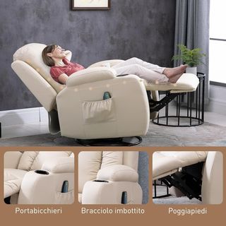 Sillón Masajeador Reclinable Manual, Sillón Relax Eléctrico Calentador Giratorio Con Balanceo, Portavasos, Control Remoto, Reposapiés, Bolsillos Laterales, en Piel PU, Crema