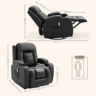 Sillón Masajeador Reclinable Manual, Sillón Relax Eléctrico Calentador Giratorio Con Balanceo, Portavasos, Control Remoto, Reposapiés, Bolsillos Laterales, en Piel PU, Negro