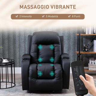Sillón Masajeador Reclinable Manual, Sillón Relax Eléctrico Calentador Giratorio Con Balanceo, Portavasos, Control Remoto, Reposapiés, Bolsillos Laterales, en Piel PU, Negro