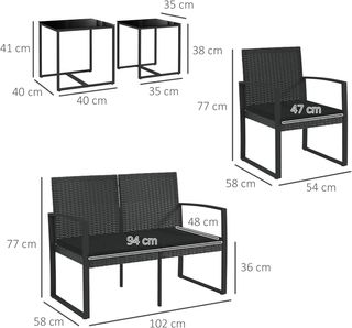Set da Giardino 5 Pezzi con 2 Sedie, Divano e 2 Tavoli, Mobili da Giardino con Sedute e Cuscini e Tavolo in Vetro, Nero