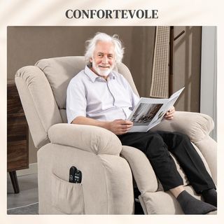 Sillón Eléctrico Elevador Reclinable 150°, Sillón Relax Eléctrico de Tela para Ancianos Con 8 Puntos de Masaje, Calefacción, Puerto USB, Mandos a Distancia, Reposapiés, Bolsillos Laterales, Beige