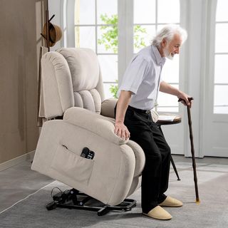 Sillón Eléctrico Elevador Reclinable 150°, Sillón Relax Eléctrico de Tela para Ancianos Con 8 Puntos de Masaje, Calefacción, Puerto USB, Mandos a Distancia, Reposapiés, Bolsillos Laterales, Beige