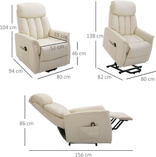 Sillón Eléctrico Elevador Reclinable 145°, Sillón Relax Eléctrico de Piel PU con Control Remoto, Bolsillos Laterales y Reposapiés Integrado, Crema
