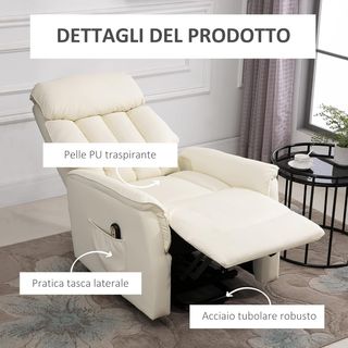 Sillón Eléctrico Elevador Reclinable 145°, Sillón Relax Eléctrico de Piel PU con Control Remoto, Bolsillos Laterales y Reposapiés Integrado, Crema