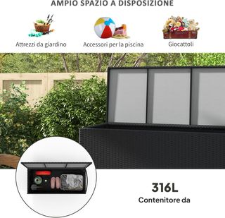 Baúl De Jardín En Rattan PE Con Ruedas, Caja Contenedora De Exterior Con Pistón Neumático Y Asa Lateral, Volumen 316L, 121X57X67Cm, Negro