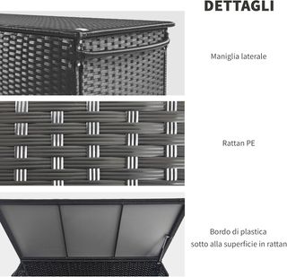 Baúl De Jardín En Rattan PE Con Ruedas, Caja Contenedora De Exterior Con Pistón Neumático Y Asa Lateral, Volumen 316L, 121X57X67Cm, Negro