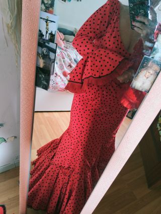 Traje Flamenca Rojo Lunar Negro Talla 38