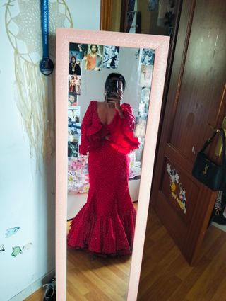 Traje Flamenca Rojo Lunar Negro Talla 38