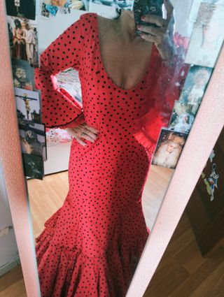 Traje Flamenca Rojo Lunar Negro Talla 38