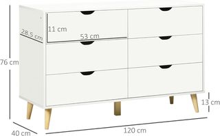 Cómoda de Dormitorio 6 Cajones, Comoda Moderna con Manijas Talladas y Patas de Columna, Mueble para Sala de Estar, Habitación Infantil y Pasillo en Madera, 120X40X76 Cm, Blanco