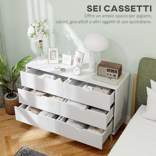 Cómoda de Dormitorio 6 Cajones, Comoda Moderna con Manijas Talladas y Patas de Columna, Mueble para Sala de Estar, Habitación Infantil y Pasillo en Madera, 120X40X76 Cm, Blanco