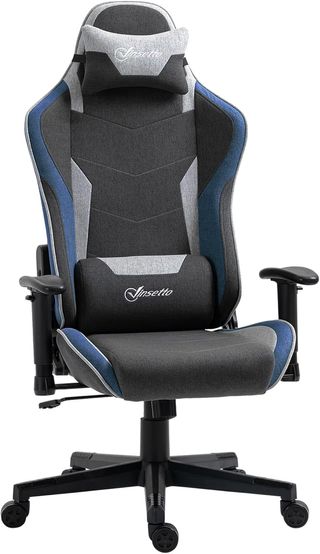 Silla De Gaming Ergonómica Con Reposabrazos, Reposacabezas Y Altura Regulable, Silla Gaming Oficina Reclinable En Tejido Efecto Lino Con Función Balanceo, Soporte Lumbar, Azul