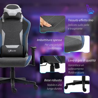 Silla De Gaming Ergonómica Con Reposabrazos, Reposacabezas Y Altura Regulable, Silla Gaming Oficina Reclinable En Tejido Efecto Lino Con Función Balanceo, Soporte Lumbar, Azul