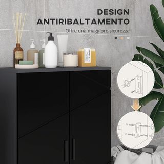 Mueble de Baño Ahorra Espacio en Madera de 2 Puertas, Armario de Baño con Cierre Soft Close y 3 Estantes, 60X30X82Cm, Negro Brillante